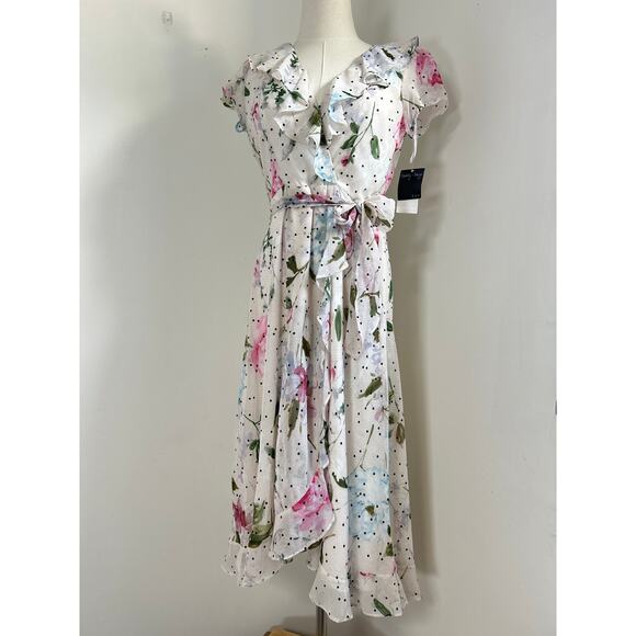 Floral Spring Ruffle Midi Short Sleeve Modest Polka Dot Chiffon Dress US4 NWT$88 - Picture 1 of 5